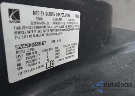 2005 Saturn Vue V6 z USA, uszkodzony, nr VIN 5GZCZ53495S806427